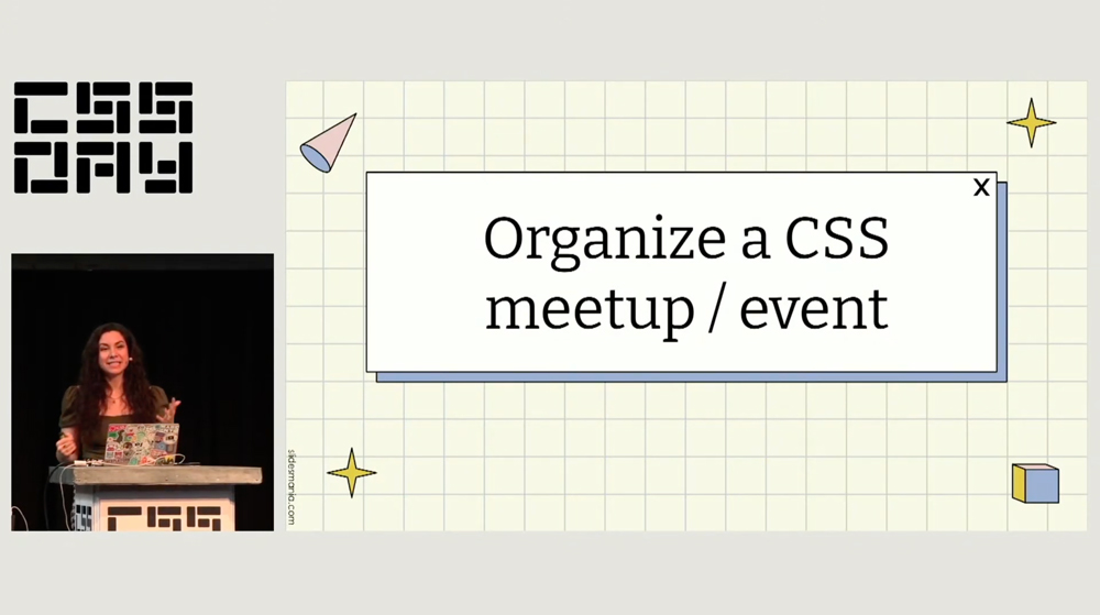 Screenshot of Unas Talk. Her on the left on the right a slide that says 'organize a css meetup/event'