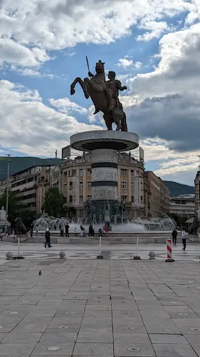 A huge statute in a well of Alexander the Great on a horse